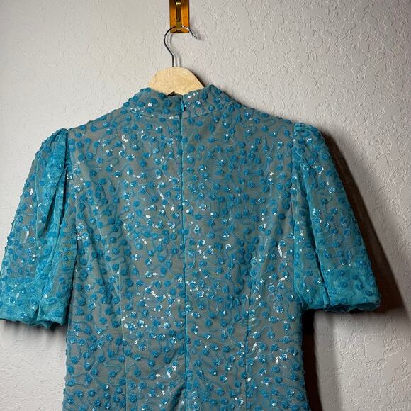 Queen of Sparkles Turquoise Blue Sequin Short Sleeve Dress Size Small - Picture 9 of 9
